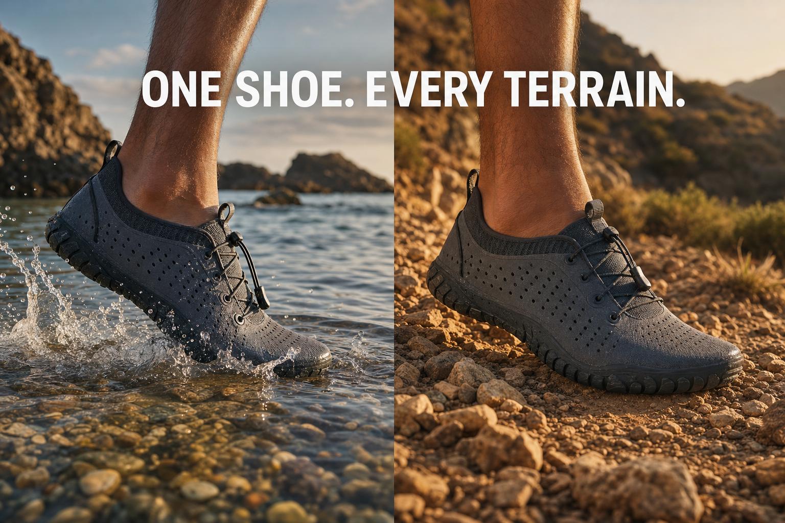 AmphiTread amphibious water shoe in ocean and on rocks