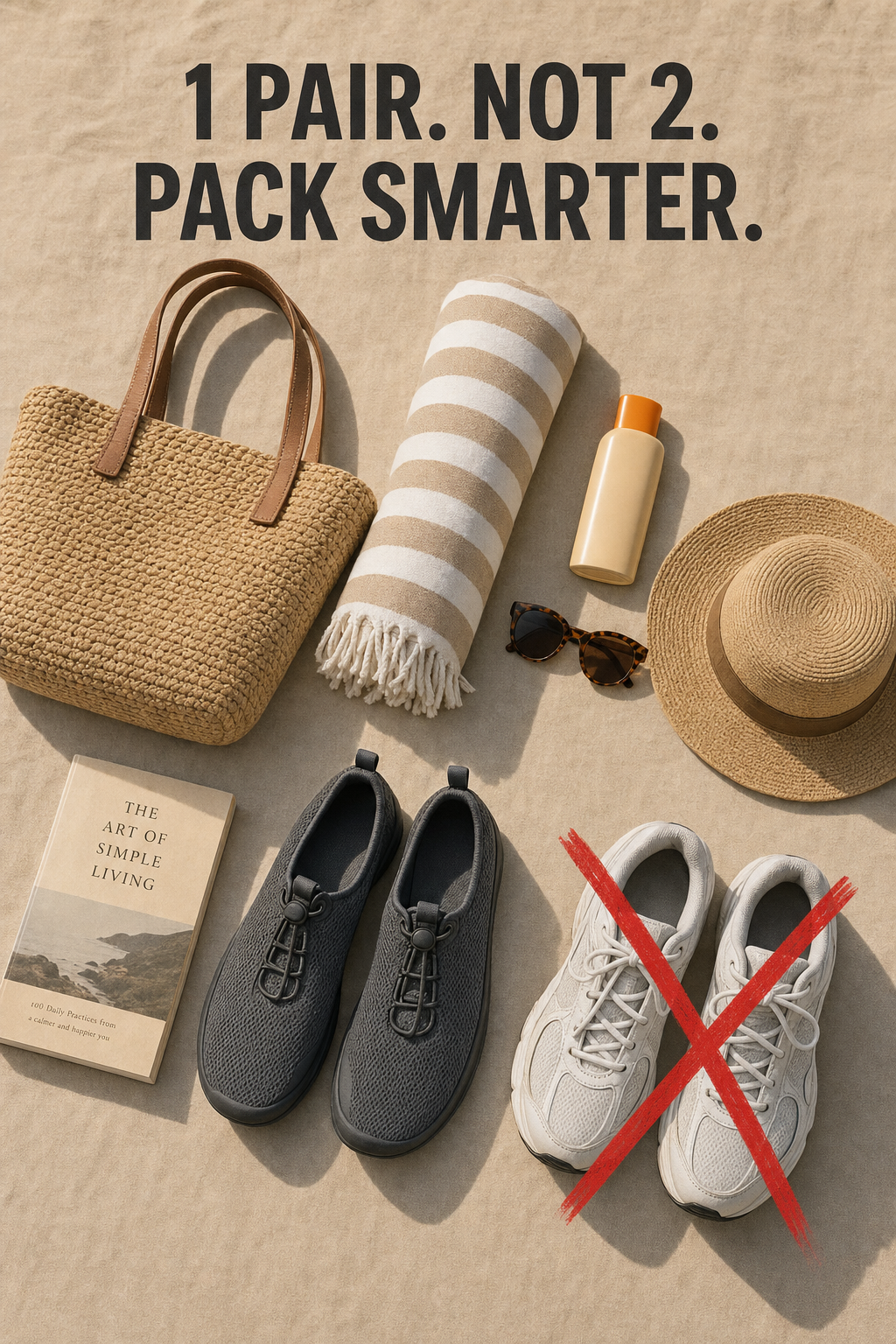 AmphiTread water shoes in a beach packing flat-lay